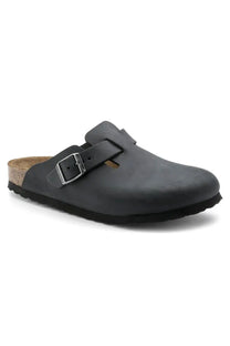 Black BIRKENSTOCK sandal with a silver buckle on a white background