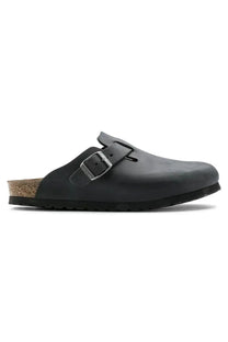 Black BIRKENSTOCK sandal with a buckle on a white background