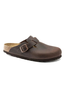 Brown leather BIRKENSTOCK sandal with a single buckle on a white background