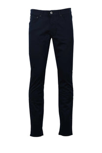 Full length portrait picture of a pair of navy Brax Chuck cotton jeans upon a white background