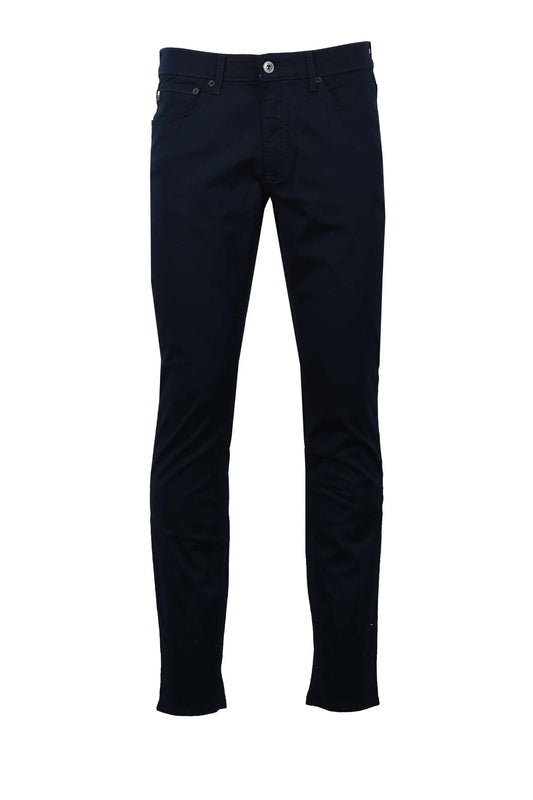 Full length portrait picture of a pair of navy Brax Chuck cotton jeans upon a white background