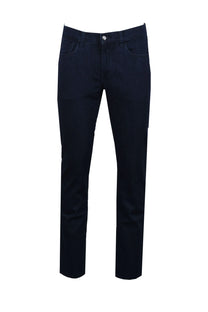 Full length photograph of he Brax chuck jeans in a dark denim colour, photographed upon a white background.