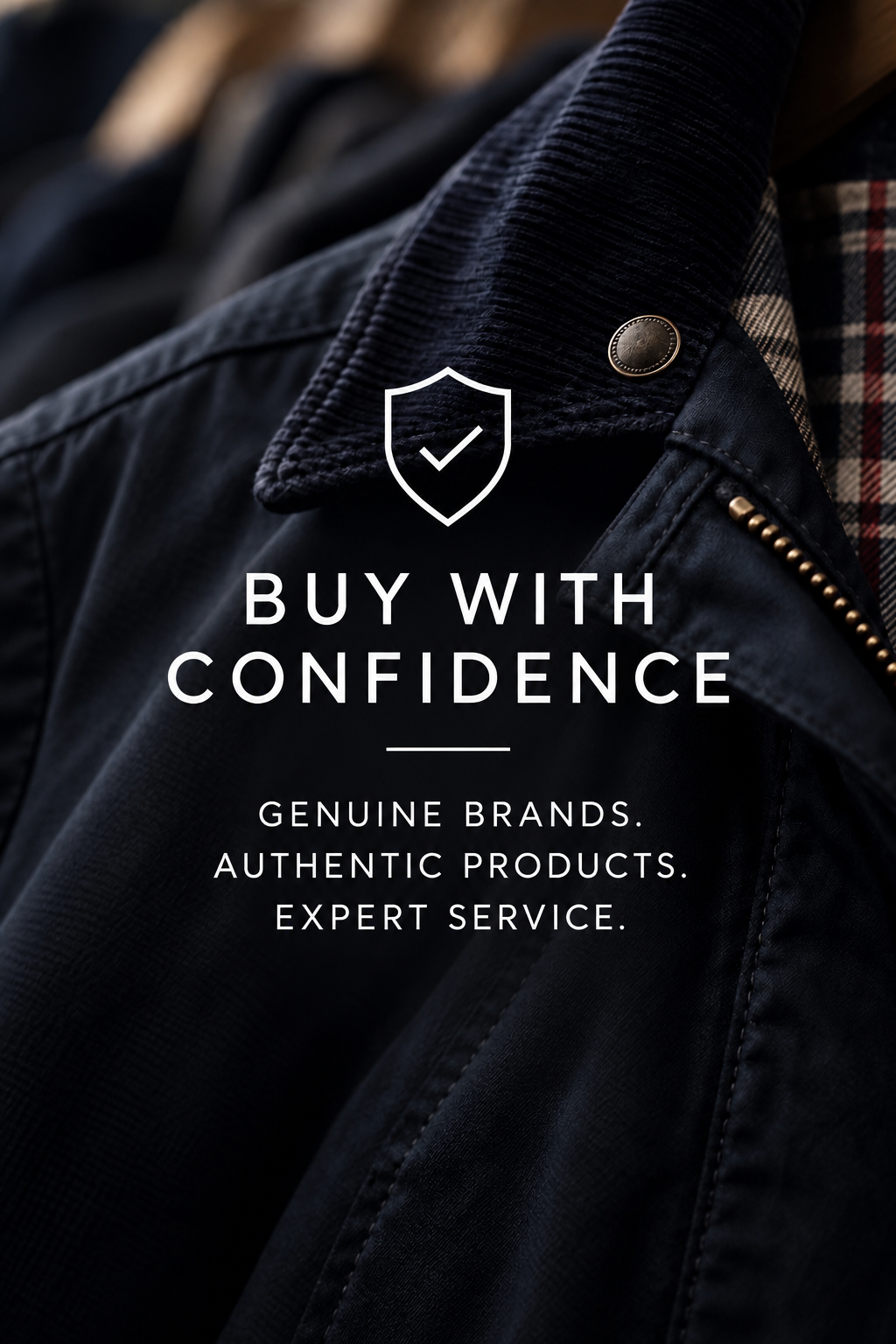 Close-up of a dark navy jacket with a corduroy collar and zipper, overlaid with the text 'BUY WITH CONFIDENCE' and smaller text reading 'GENUINE BRANDS. AUTHENTIC PRODUCTS.