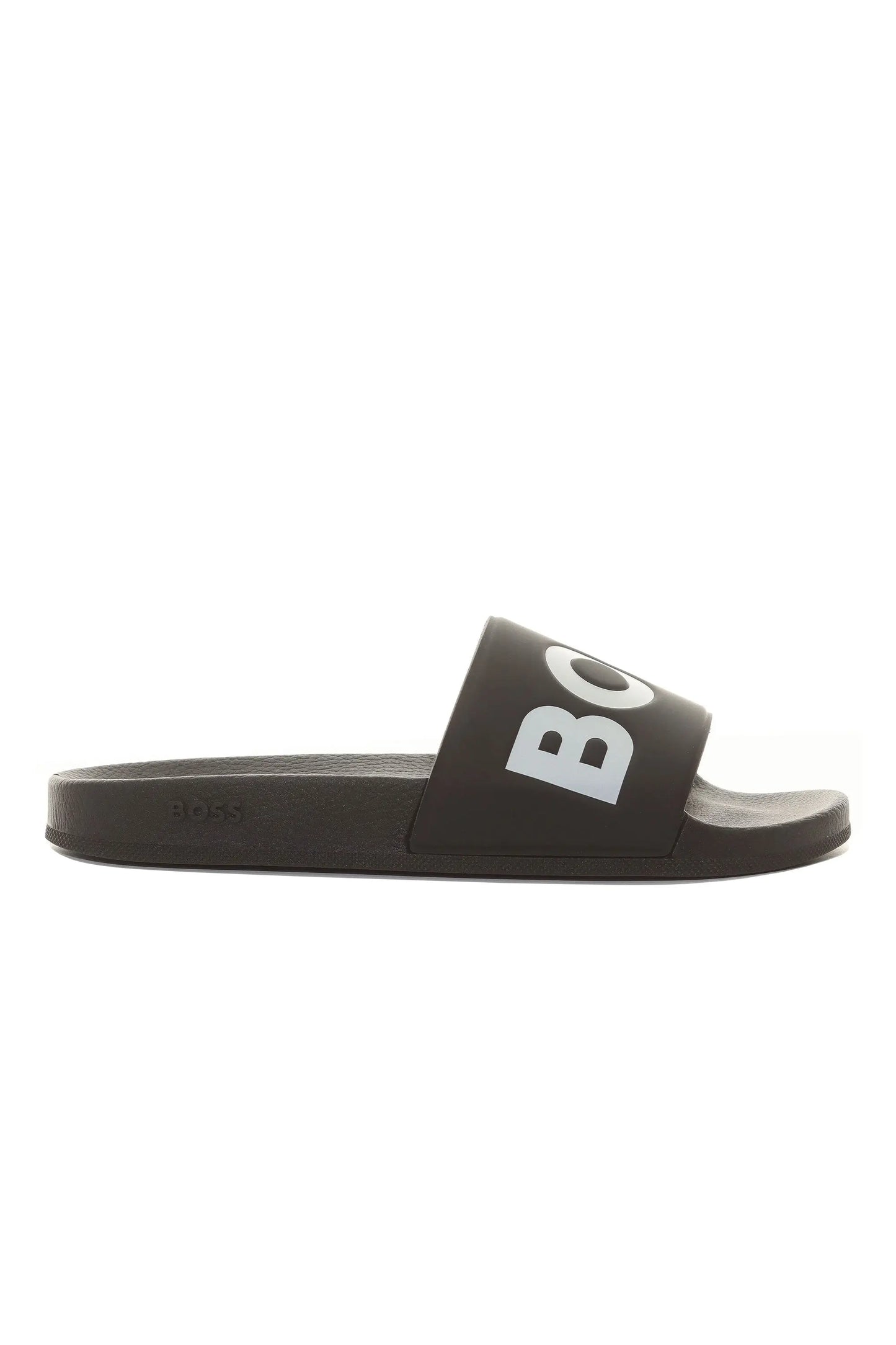 Side picture of a Boss Aryeh slider in the colour back, shows the open toe flipflop with the bold BOSS branding on the toe