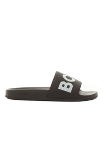 Side picture of a Boss Aryeh slider in the colour back, shows the open toe flipflop with the bold BOSS branding on the toe