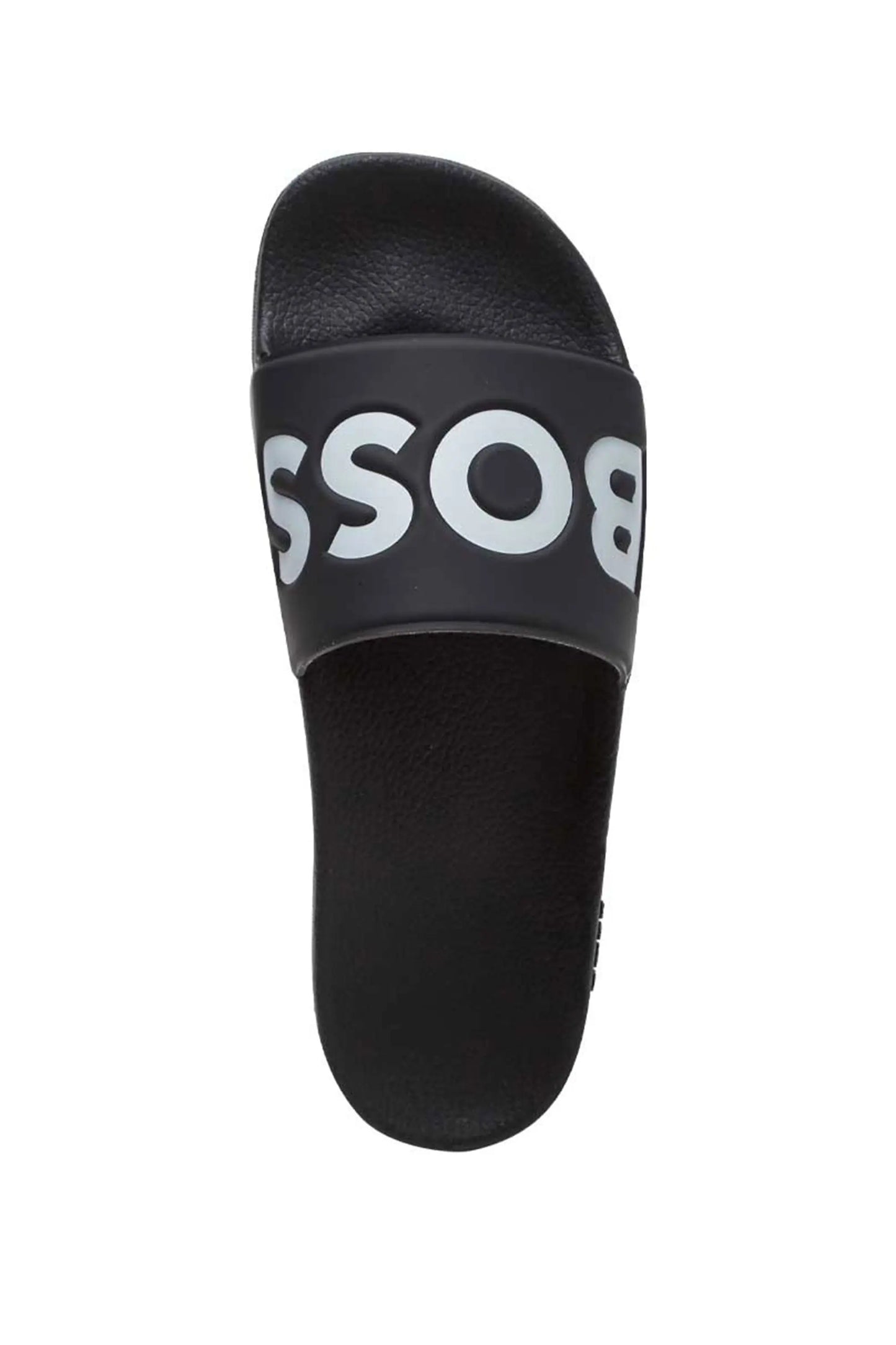 Top view of the Boss Aryeh slider in black, featuring Boss branding in bold letters across the toe of the slider, photographed on a white background.