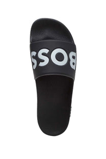 Top view of the Boss Aryeh slider in black, featuring Boss branding in bold letters across the toe of the slider, photographed on a white background.