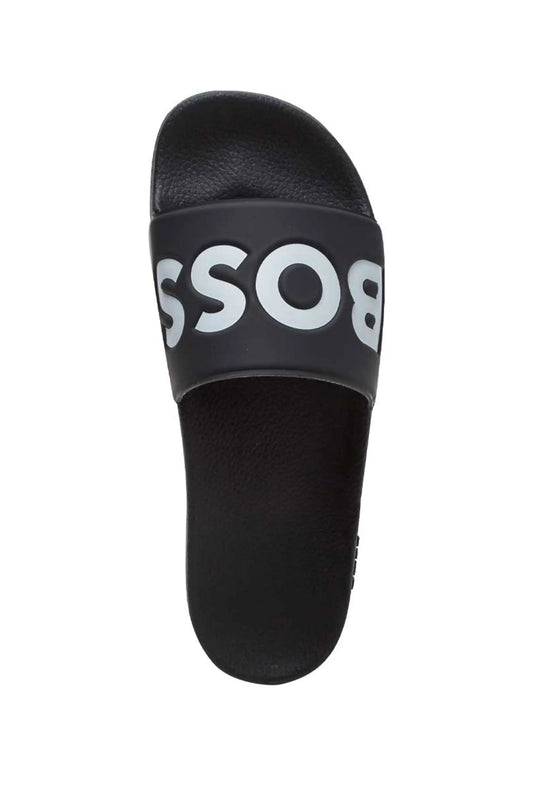 Top view of the Boss Aryeh slider in black, featuring Boss branding in bold letters across the toe of the slider, photographed on a white background.