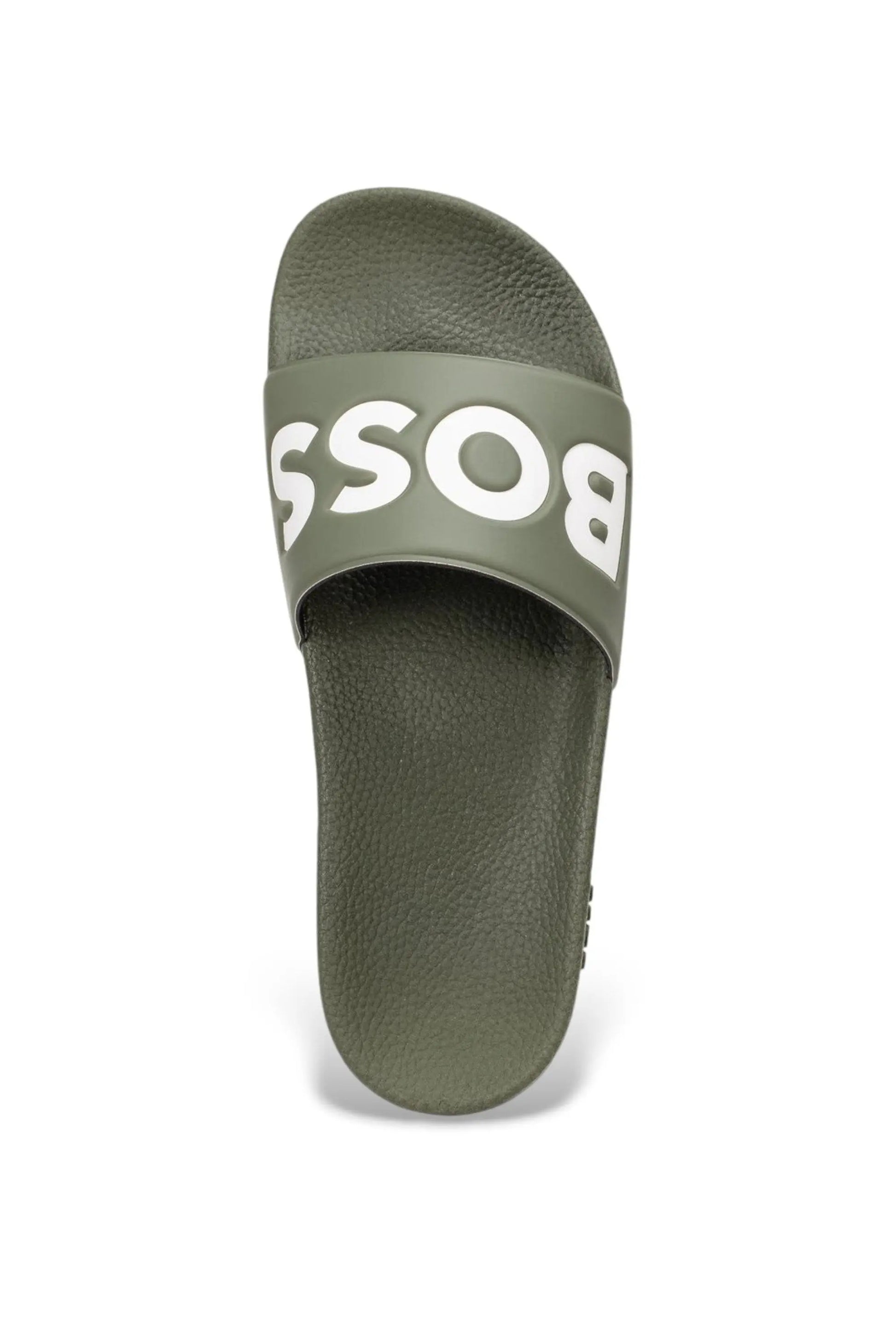 Green slide sandal with 'BOSS' branding in white on a white background