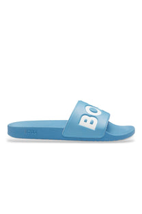 Blue slide sandal with 'BOSS  logo on a white background