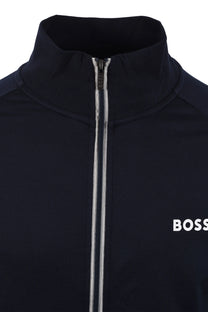 Close-up of a navy jacket with a zipper and 'BOSS' branding.