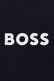 Dark blue t-shirt with 'BOSS' printed in white letters close up