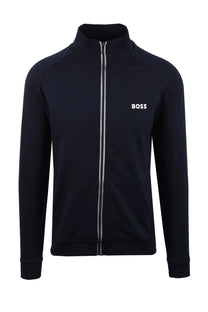 navy jacket with 'BOSS' logo on a white background