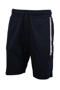 Full picture of a pair of Boss Black authentic shorts in the colour dark blue, it shows a hint of the brown stripe boss branding down the leg of the shorts.
