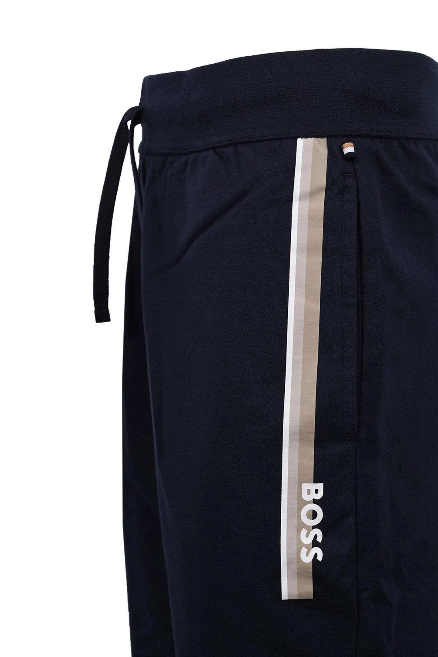 The side stripe branding and side pocket on a pair of Boss Black Boss authentic shorts in the colour dark blue