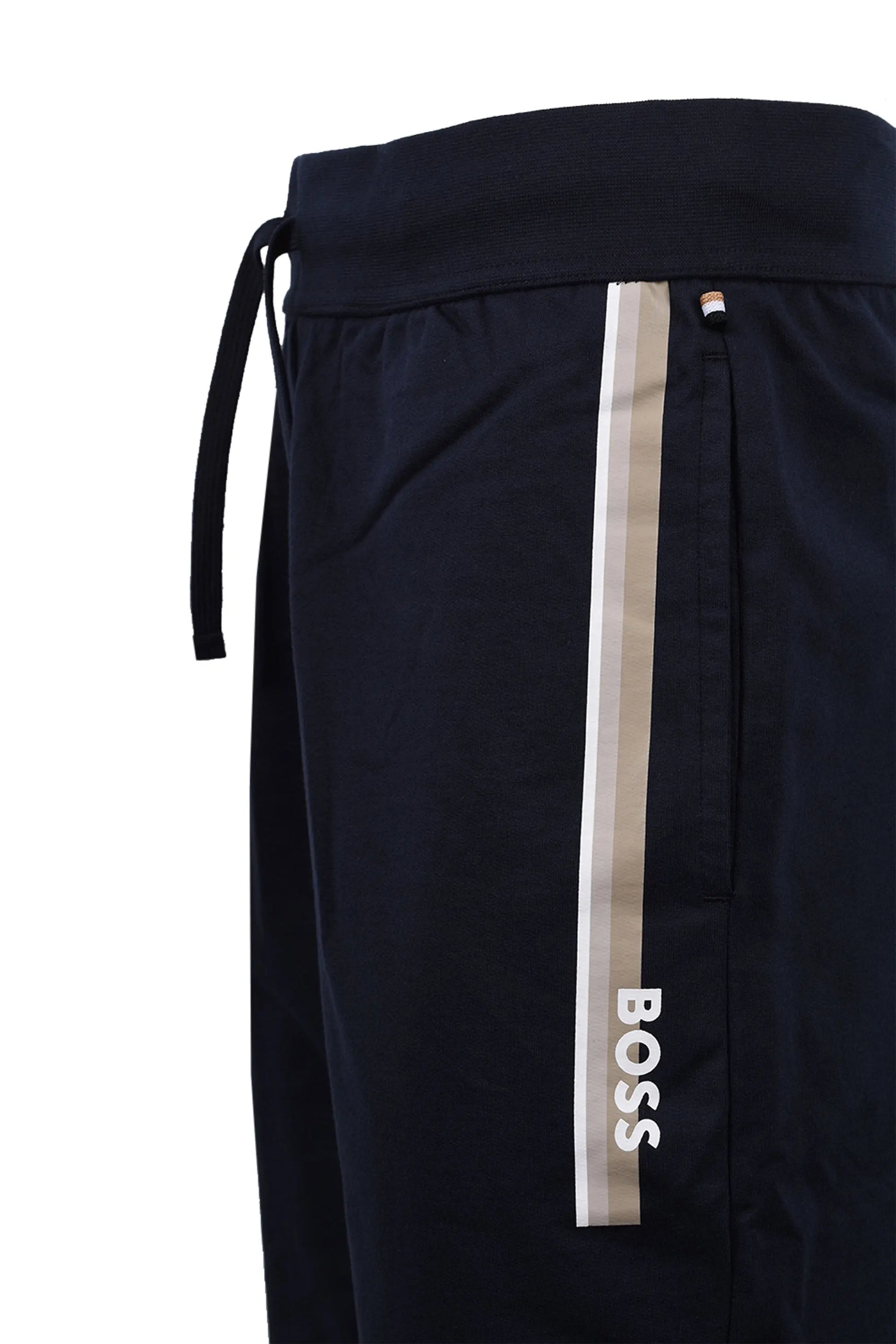 The side stripe branding and side pocket on a pair of Boss Black Boss authentic shorts in the colour dark blue
