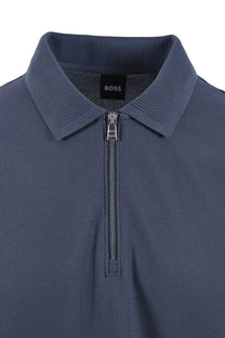 Blue boss polo shirt with a zipper and 'BOSS' label on a white background