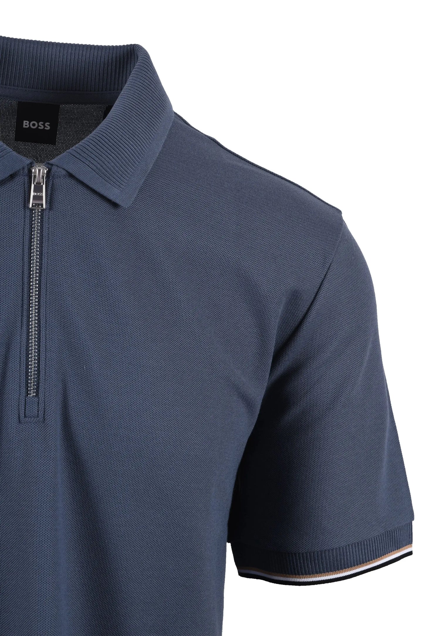 Blue boss polo shirt with a zipper on a white background