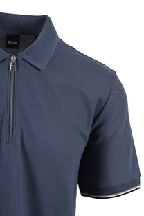 Blue boss polo shirt with a zipper on a white background