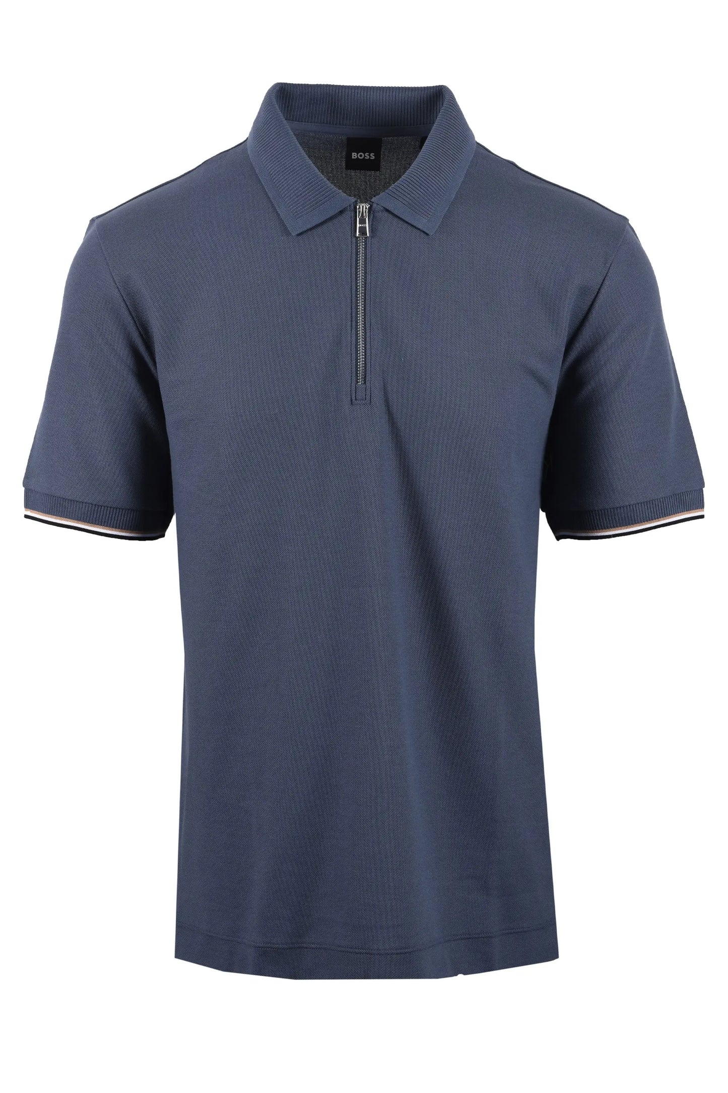 Blue boss polo shirt with a zipper on a white background