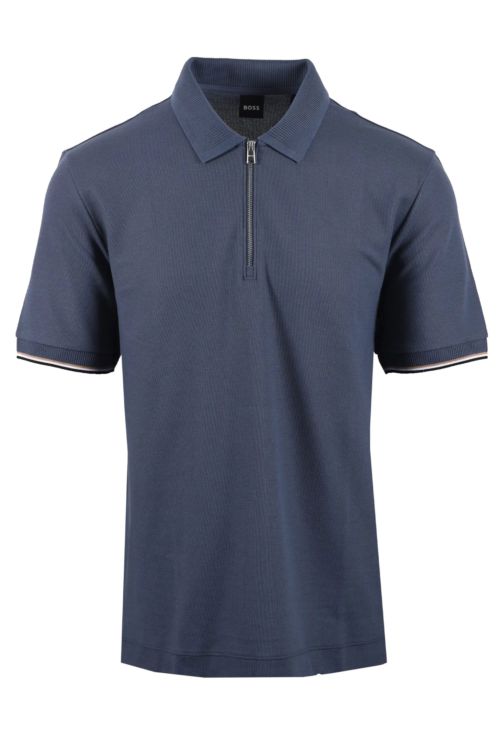 Blue boss polo shirt with a zipper on a white background