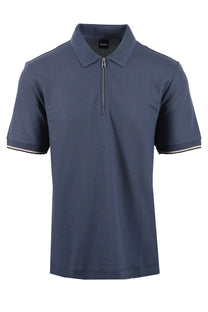 Blue boss polo shirt with a zipper on a white background