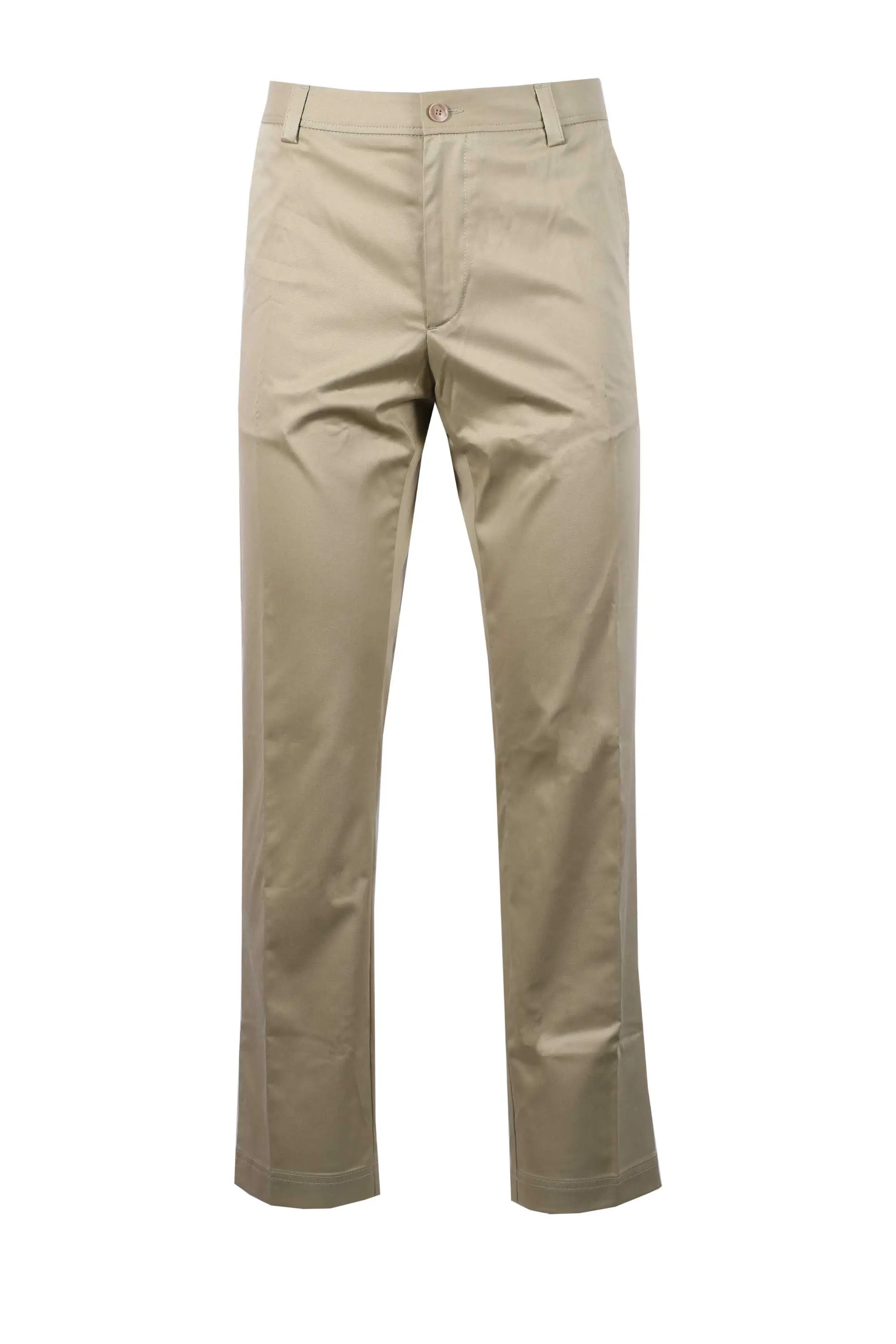 Full length portrait picture of a a pair of beige coloured Boss Black C Kent Straight fit trousers on a white background.