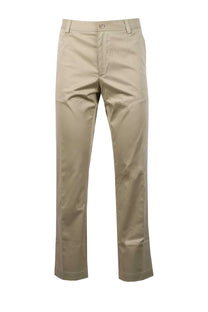 Full length portrait picture of a a pair of beige coloured Boss Black C Kent Straight fit trousers on a white background.