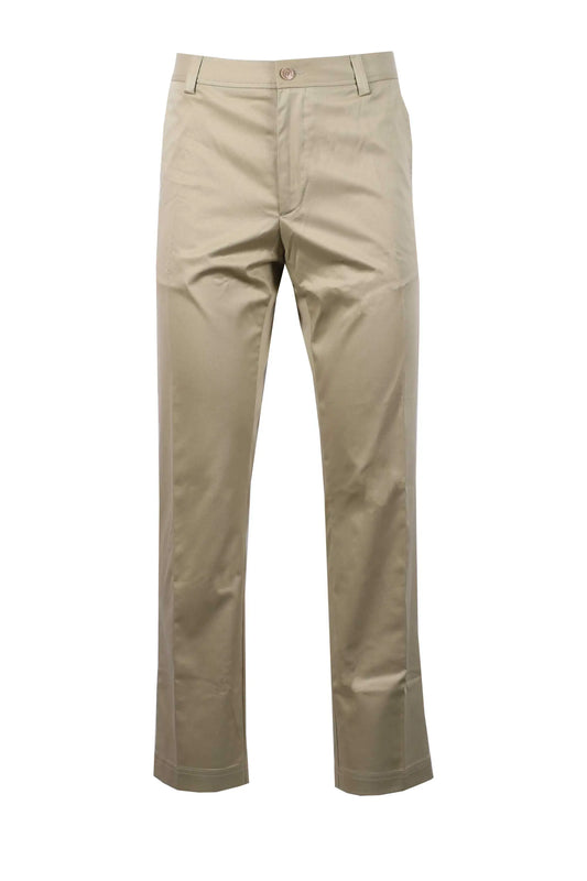 Full length portrait picture of a a pair of beige coloured Boss Black C Kent Straight fit trousers on a white background.