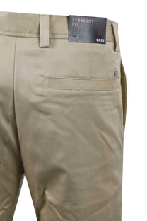 Close up picture showing the back pocket of a beige coloured Boss Black C Kent straight fit trousers. Including the Branded tag.
