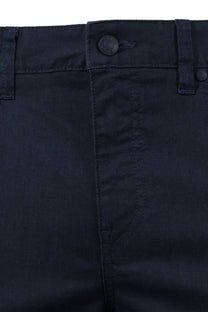 Close-up of dark blue BOSS  pants with a button on a white background