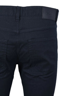 Dark blue pants with a BOSS brand label on a white background