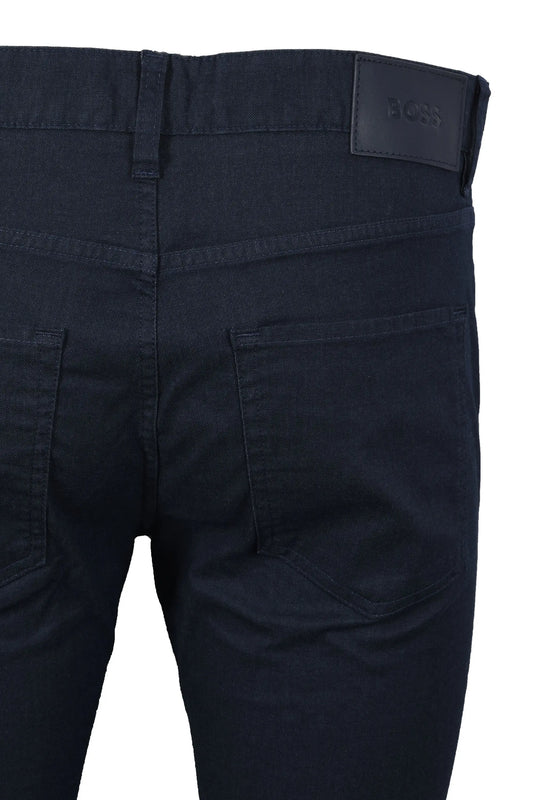 Dark blue pants with a BOSS brand label on a white background