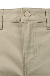 Close-up of beige BOSS trousers with a button and stitching detail