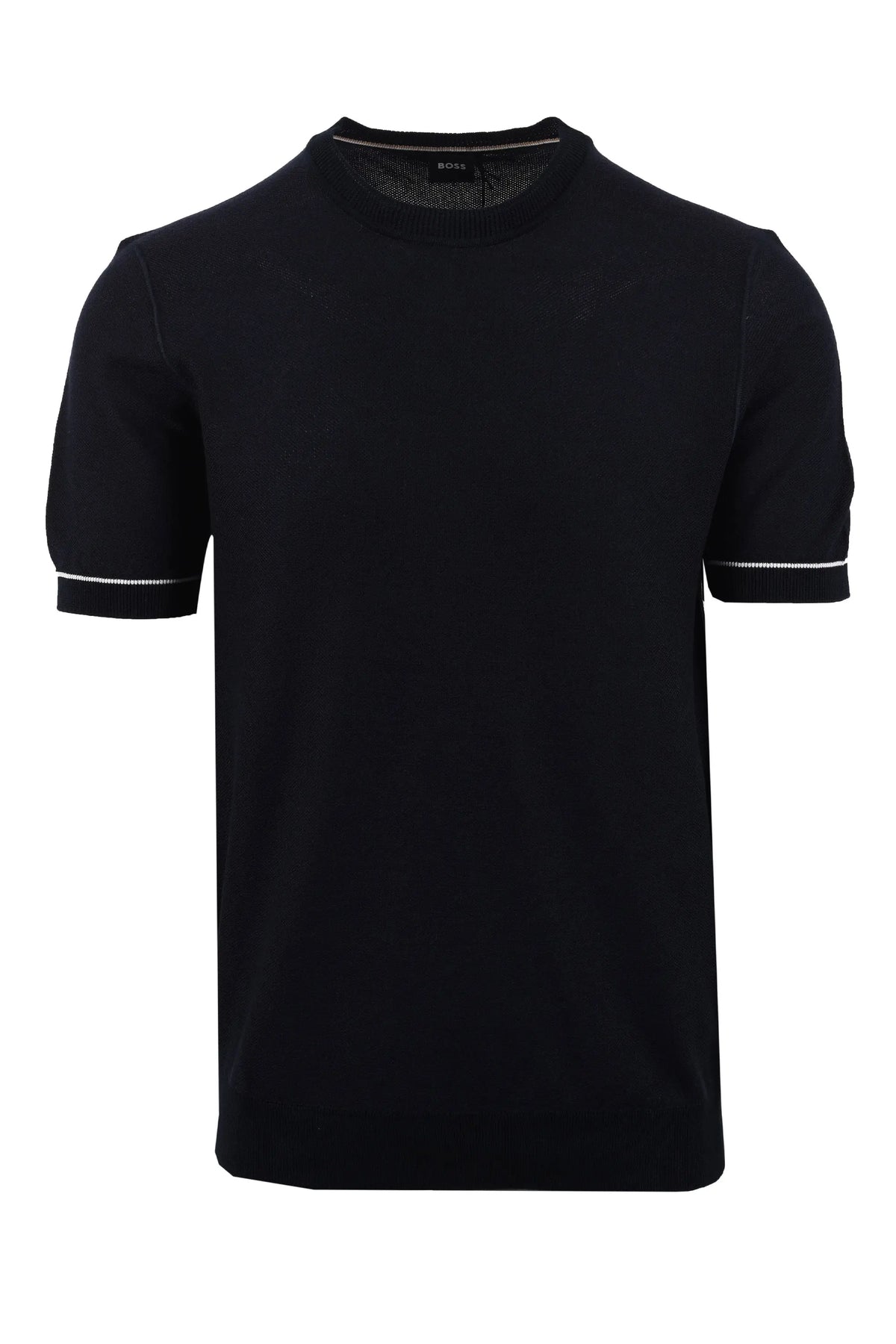 Dark blue BOSS KNITTED  t-shirt with white trim on a white background