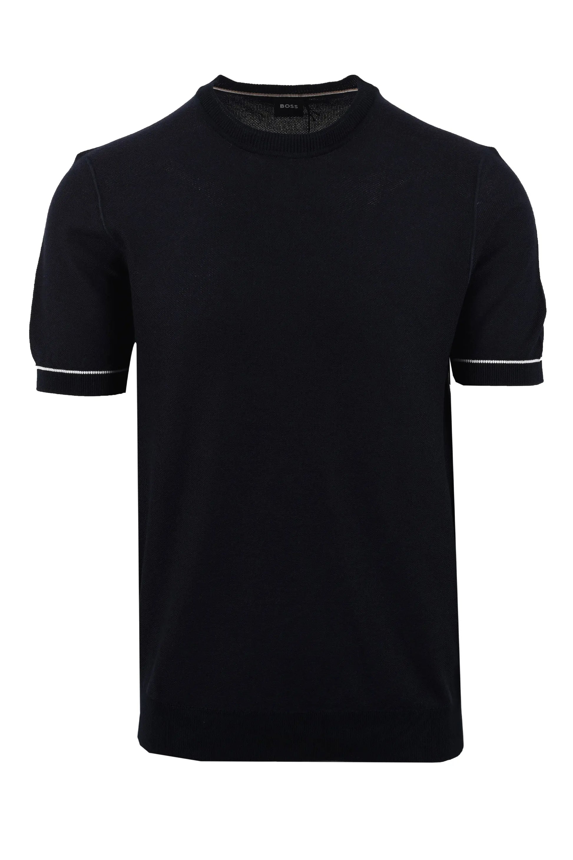 Dark blue BOSS KNITTED  t-shirt with white trim on a white background