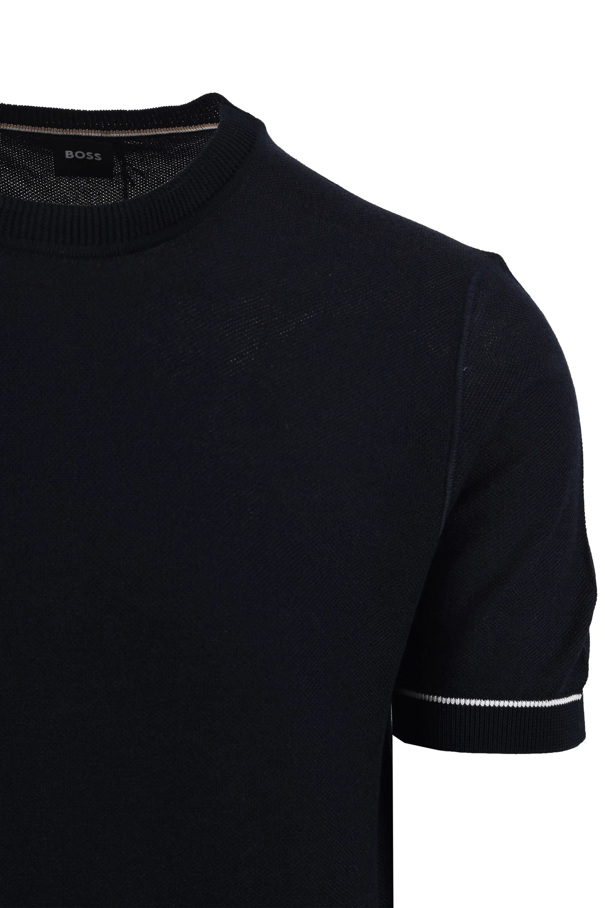 DARK BLUE KNITTED BOSS -SHIRT CLOSE UP OF SLEEVE DETAIL ON A WHITE BACKGROUND 