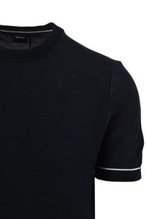 DARK BLUE KNITTED BOSS -SHIRT CLOSE UP OF SLEEVE DETAIL ON A WHITE BACKGROUND 