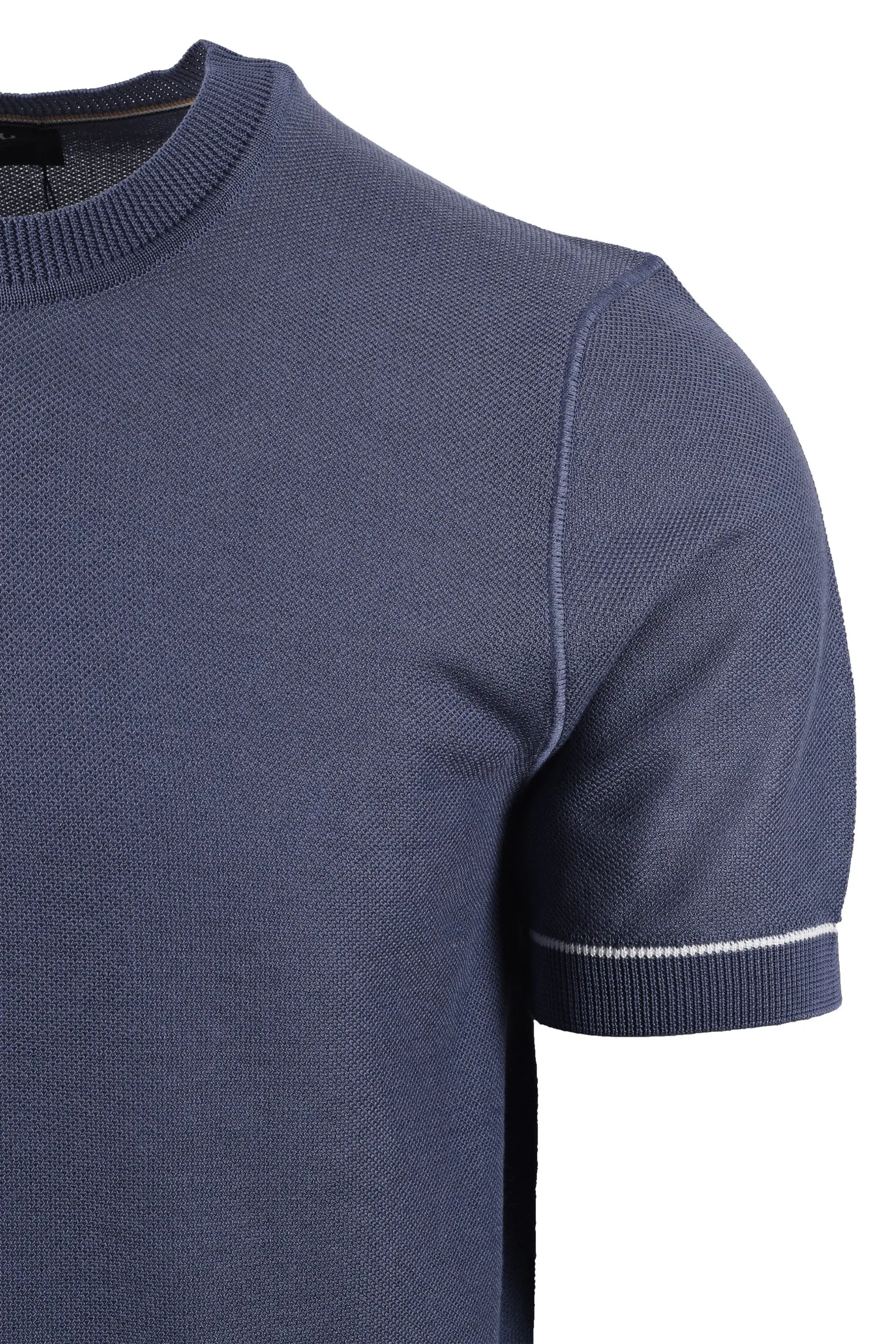 blue short-sleeve BOSS T-SHIRT with white trim on a white background