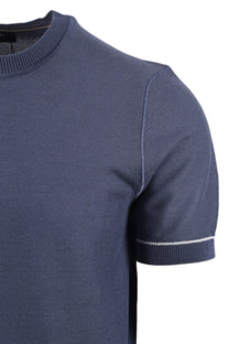 blue short-sleeve BOSS T-SHIRT with white trim on a white background