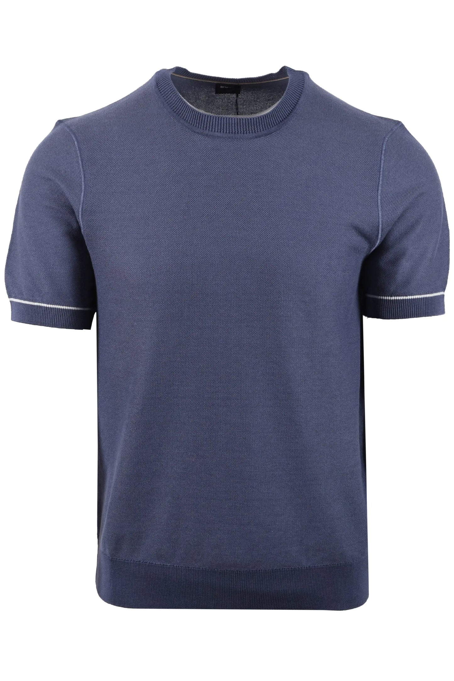 Blue BOSS  t-shirt with white trim on a white background