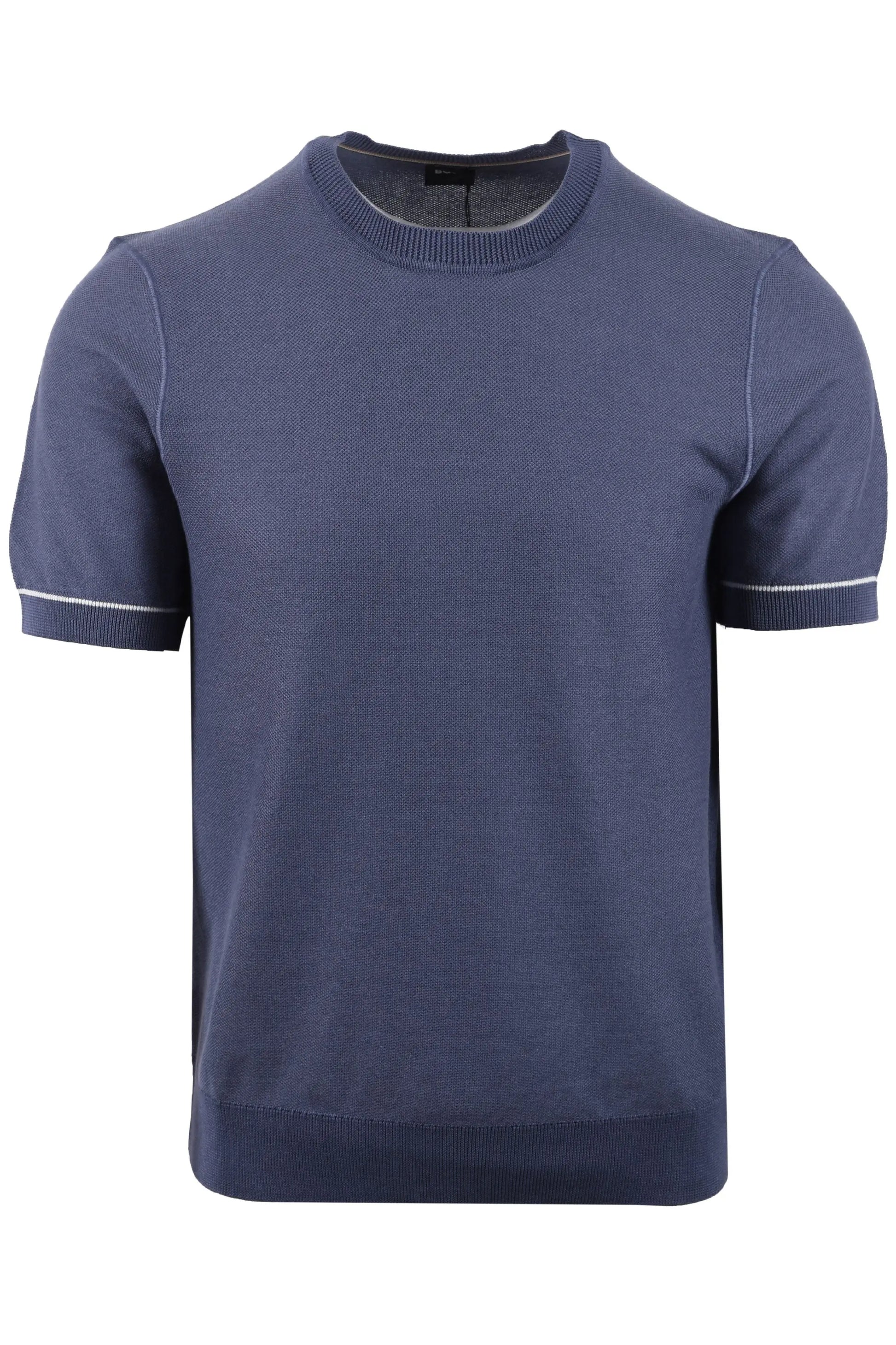 Blue BOSS  t-shirt with white trim on a white background