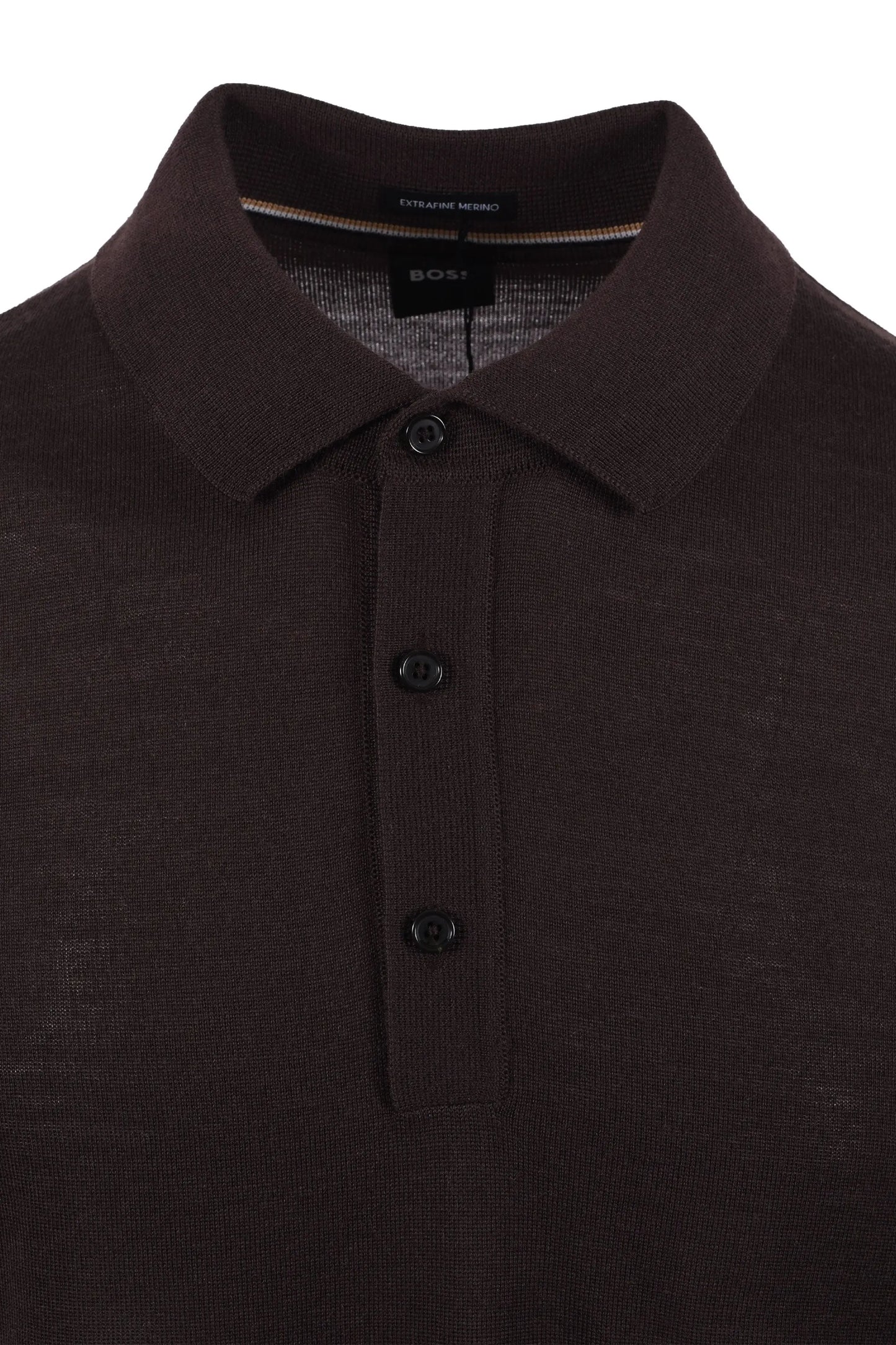 Close-up of a dark brown BOSS polo shirt with buttons on a white background