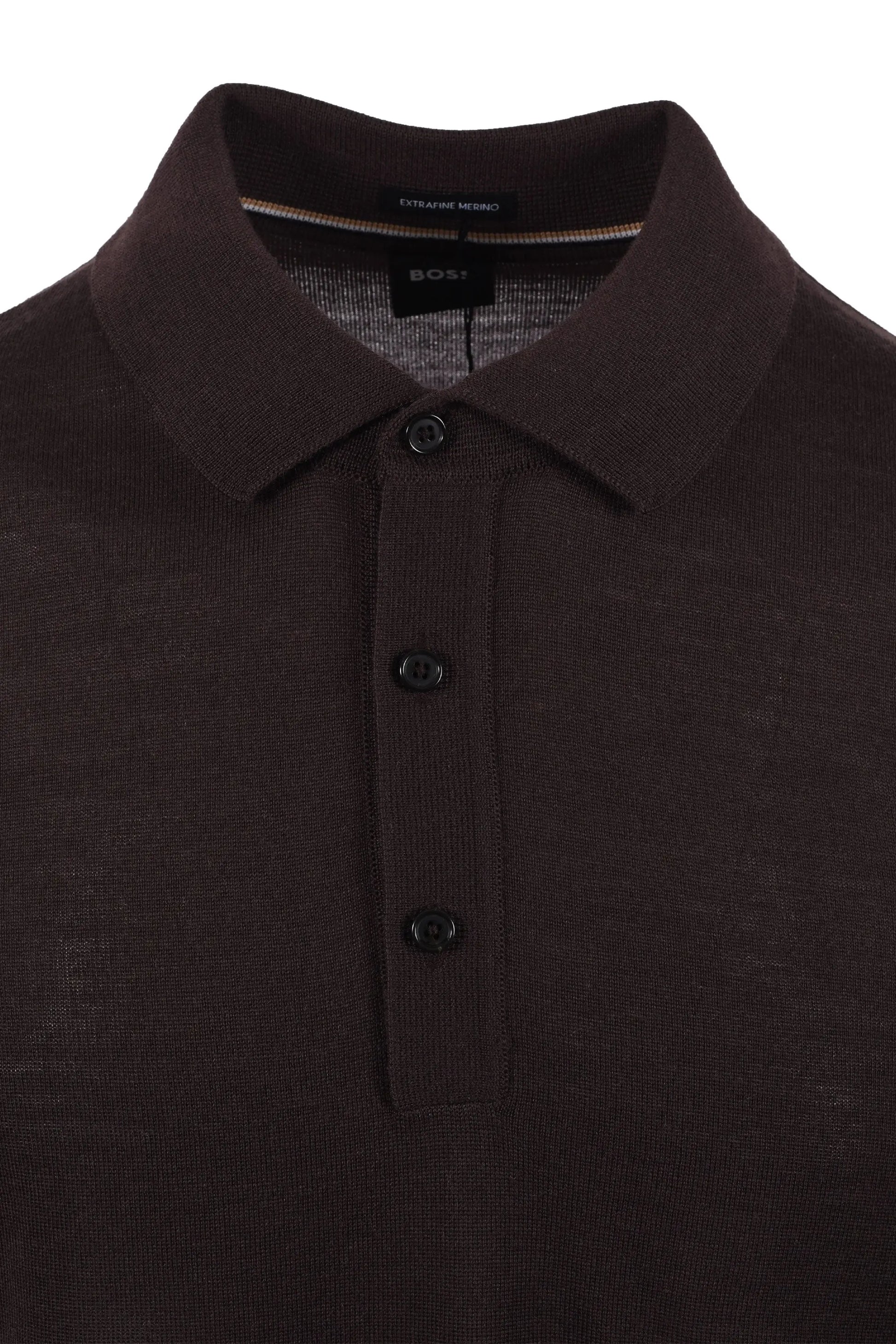 Close-up of a dark brown BOSS polo shirt with buttons on a white background