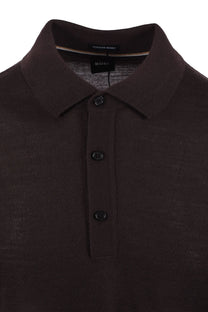 Close-up of a dark brown BOSS polo shirt with buttons on a white background