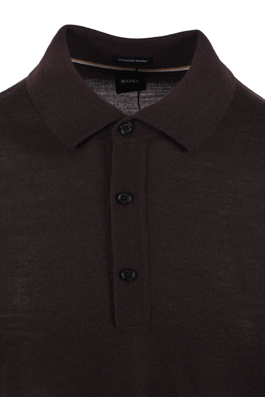 Close-up of a dark brown BOSS polo shirt with buttons on a white background