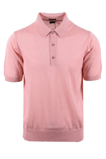 Pink short-sleeve knitted Boss polo  on a white background