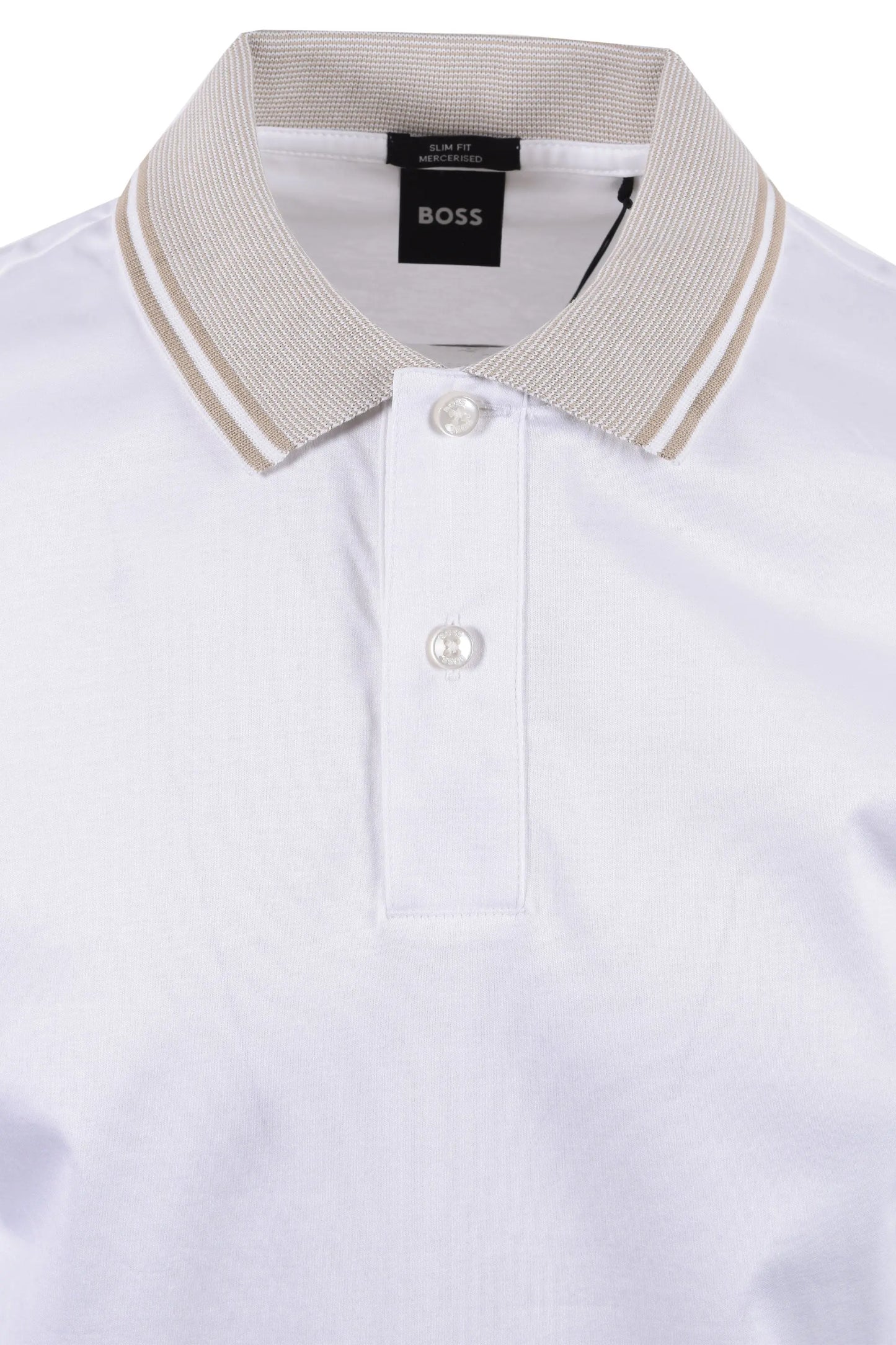 White polo shirt with beige collar and BOSS label on a white background