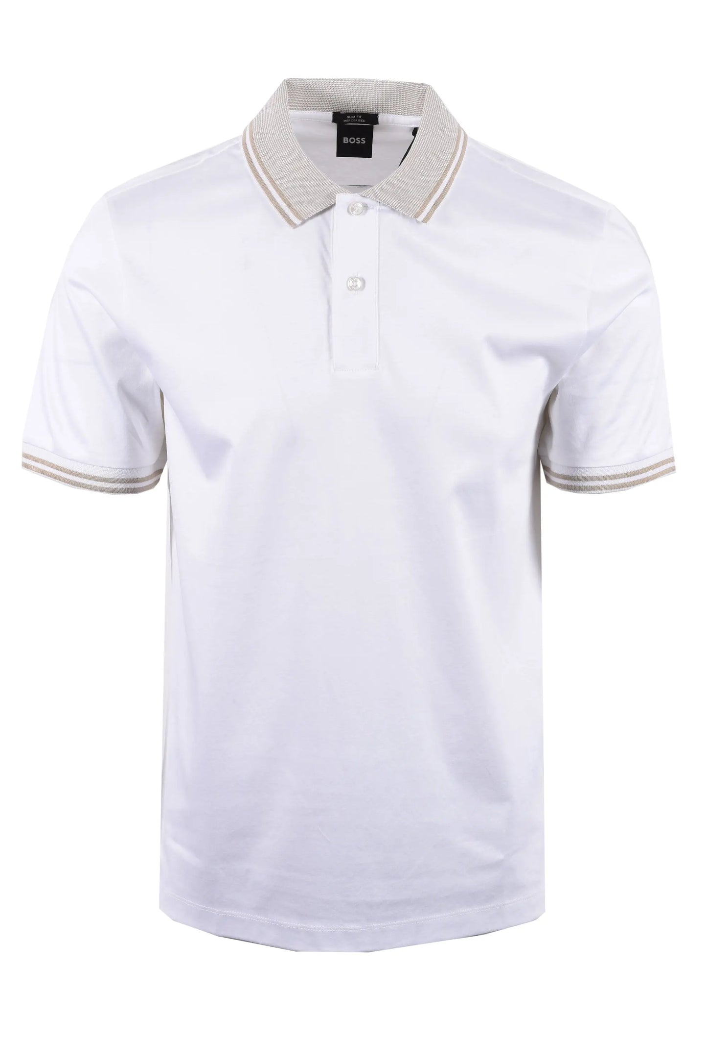 White BOSS polo shirt with beige trim on a white background