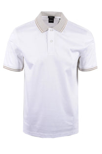 White BOSS polo shirt with beige trim on a white background